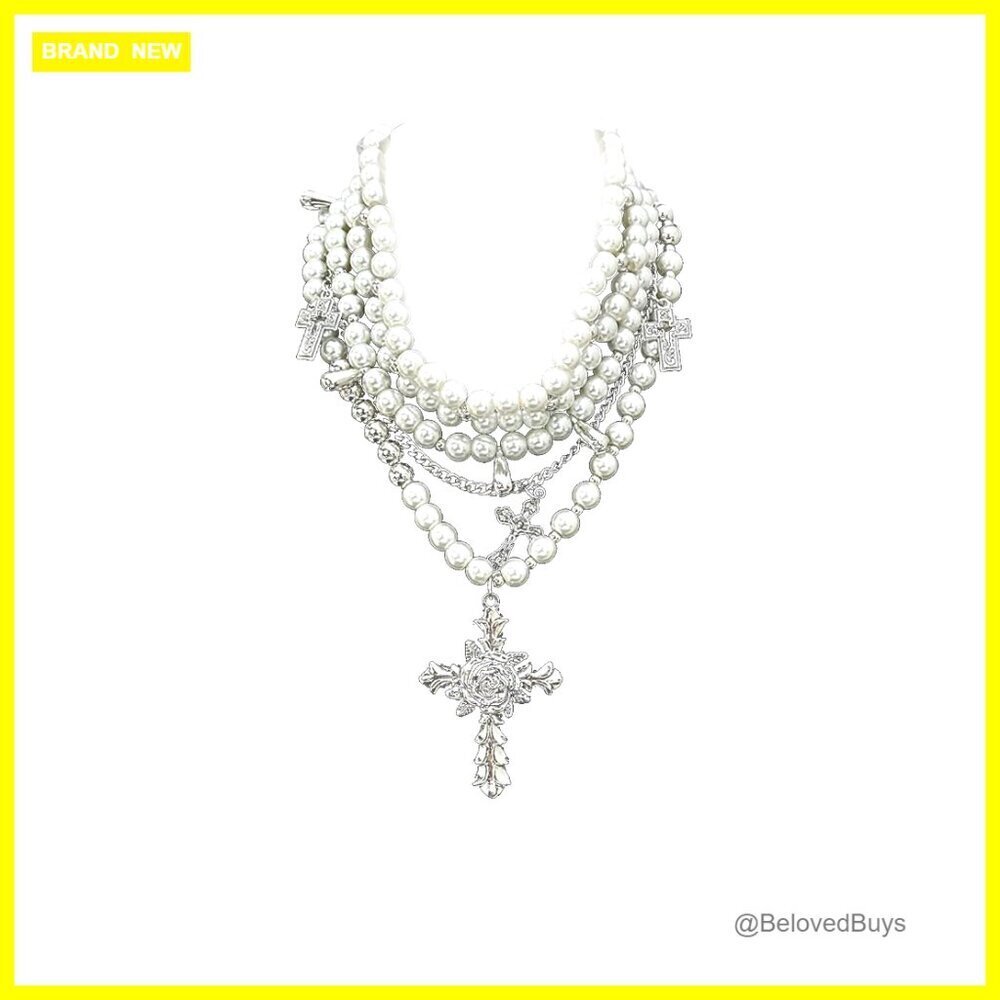Layered Pearl Cross Necklace, Gothic Style, Adjustable Chain, Alloy